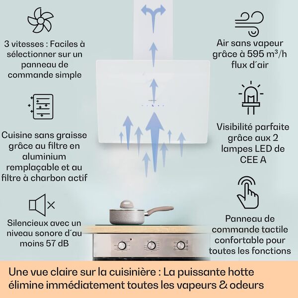 Klarstein Hotte Aspirante 60cm, Hottes de Cuisine Inclinées, Filtre de Hotte en Aluminium, Débit d'Air Puissant 595m³/h, LED, Ecran Tactile, Extracteur d'Air Silencieux, Hotte Efficace avec Evacuation [Classe énergétique B]