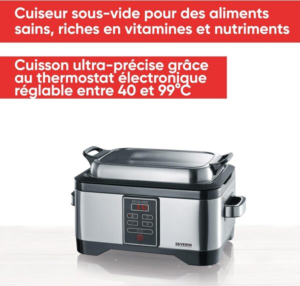 SEVERIN Cuiseur sous-vide 550 W, Cuiseur électrique pour des aliments sains, riches en vitamines et nutriments, Appareil de cuisson sans graisse, inox/noir, SV 2447