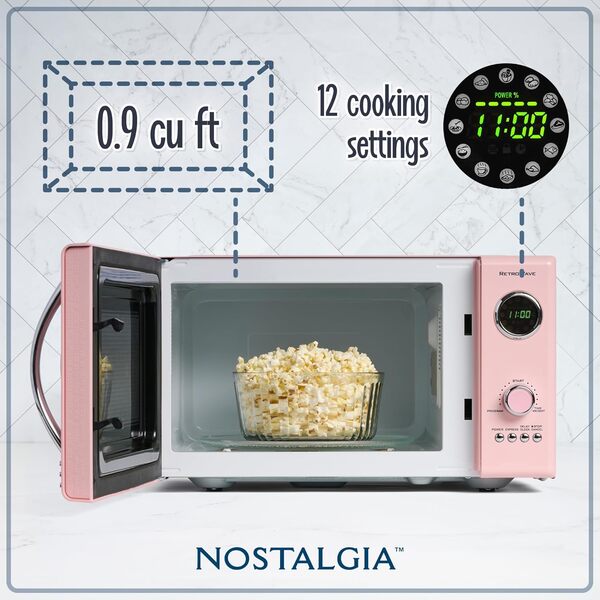 Nostalgia Four à micro-ondes rétro - Grand 800 W - 0,28 m³ - 12 réglages de cuisson préprogrammés - Horloge numérique - Appareils de cuisine - Rose