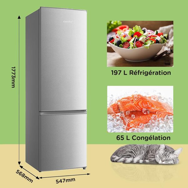 Comfee' RCB359IX2 Réfrigérateur Combiné, 262L(197+65), Grande Capacité, Low Frost, Hauteur 177,3 cm, Faible Bruit 39 dB, Éclairage LED, Température Réglable, Acier Inoxydable [Classe énergétique E]