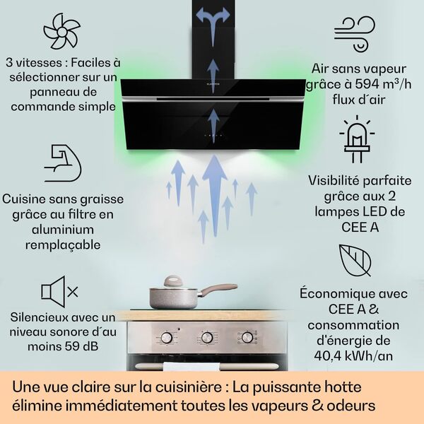 Klarstein Alina Hotte Aspirante - 90 cm Hotte Décorative, 615 m³/h, Classe A, LED, Silencieuse 54 dB, Recirculation & Évacuation, Commande Tactile, Noire