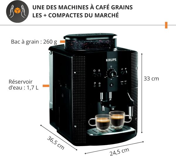 Krups Machine à café grain, 1,7 L, 2 tasses en simultané, Nettoyage automatique, Buse vapeur pour Cappuccino, Cafetière espresso, Essential noire YY8125FD, Noir