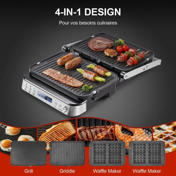AMZCHEF Appareil 4 en 1 (Grill, Plancha, Grill Panini, Gaufrier) - 2000W Machine a Panini Température et Temps Rréglables - 4 Plaques à Amovible Antiadhésif [Classe énergétique A+++]