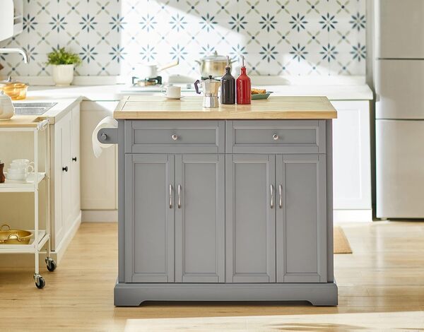 SoBuy Desserte sur roulettes, Meuble de Cuisine, Service Roulant avec Plans de Travail Rabattable, Ilôt de Cuisine Multi, pour Cuisine, Salle à Manger, Gris, 115x(46+25) x92cm, FKW71-HG