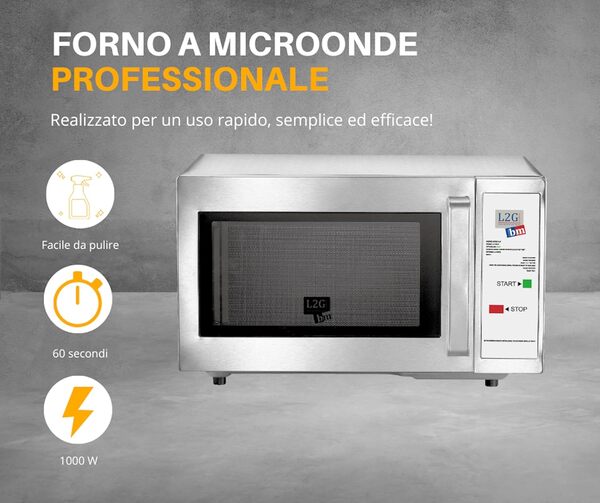 L2G - Four Micro-Ondes Professionnel Self Mono-Touche - 1000 W - Intérieur & Extérieur Inox - Commande à Minuterie Programmée à 60 sec. - Sole Fixe en Céramique - 25 Litres