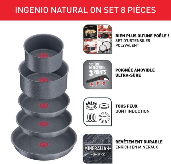 Tefal Ingenio Batterie de cuisine 8 p, Induction, Revêtement antiadhésif, Empilable, Poêles et casseroles + poignée amovible, Compatible lave-vaisselle, Fabriqué en France, Natural On L7669802