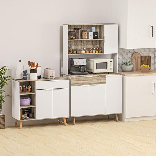 HOMCOM Armoire de Cuisine, Buffet de Cuisine, 4 Portes avec étagères réglables, 1 tiroir, Design scandinave, 98 x 39 x 180 cm, Blanc et Naturel