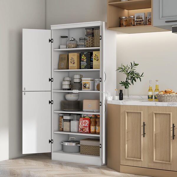 HOMCOM Armoire de Cuisine Haute à 4 Portes, Meuble de Rangement Autonome à 6 étages avec 2 étagères réglables pour Salon, Salle à Manger, Blanc