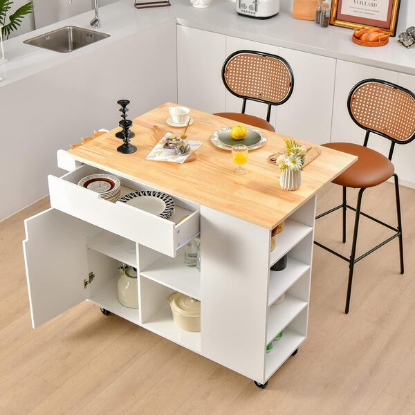 KOMFOTTEU Îlot Central Mobile avec Plan de Travail en Bois Massif, Desserte de Cuisine avec Tiroirs, Armoire à Porte & Étagères latérales, Desserte de Service, 124 x 76 x 92 cm (Blanc)