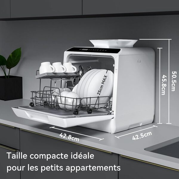 Hermitlux Mini-lave-vaisselle, lave-vaisselle de comptoir, utilisable avec robinet ou sans robinet, largeur de 43 cm, capable de contenir 4 sets, adapté au camping, 175 kWh/an, blanc [Classe énergétique F]