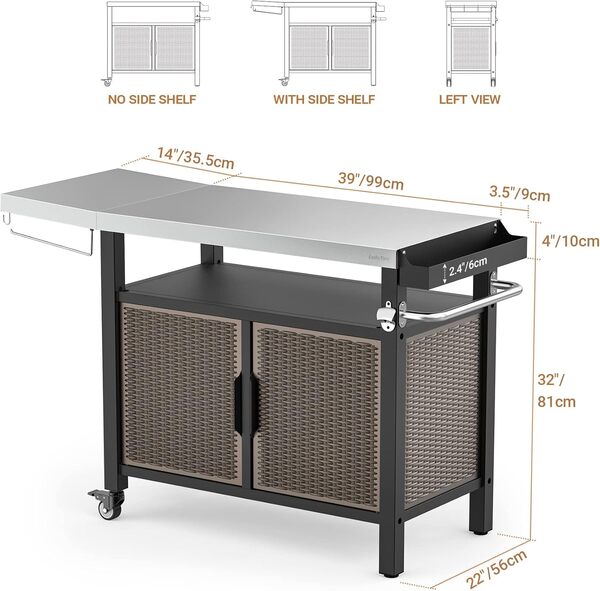 onlyfire Dessertes de Jardin, Desserte Extérieure à roulettes, Chariot Plancha Exterieur avec Table D'appoint, Plateau de Table en INOX, Chariot de Service, Chariots pour Barbecue, 143.5 × 56 × 91 cm