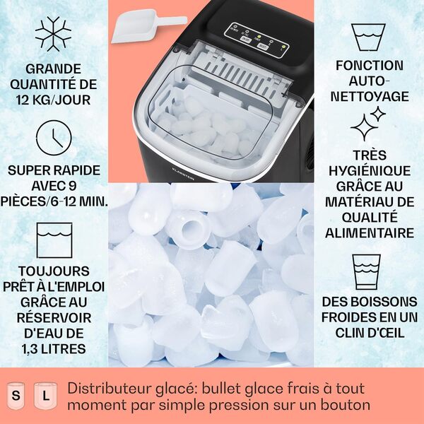 Klarstein Machine a Glacons pour la Maison, Capacité de 1,3L, Fabrique Rapidement Jusqu'à 12kg de Glacons, Machine a Glaces Petits et Grands Glaçons en Forme de Balles, Autonettoyante, Ice Maker