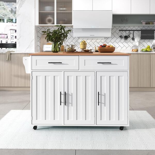Desserte îlot de Cuisine sur roulettes, Meuble de Cuisine avec Plans de Travail Rabattable, Porte-torchons, 2 Tiroirs, 3 Portes avec Rangement (1 avec étagère Range), 129x71x91,5cm, Blanc