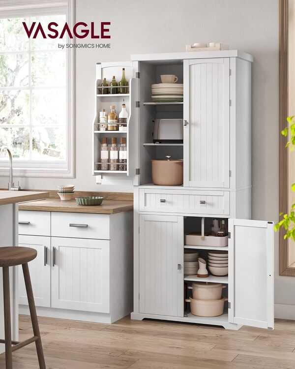 VASAGLE Buffet Haut Cuisine, Meuble de Rangement, Armoire, Vaisselier, Hauteur 182,1 cm, avec Tiroir, Placards, Étagères Réglables, pour Salon, Cuisine, Blanc BBC561W21