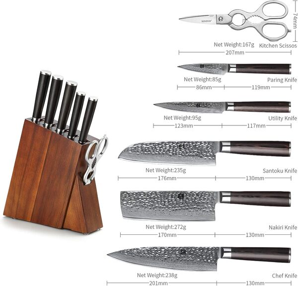XINZUO 7 Pièces Ensemble de Couteaux de Cuisine,Bloc en Bois Acacia de Qualité Supérieure avec,Ciseaux de Cuisine Multifonctions,Couteau de Chef Professionnel Forgé,avec Poignée Pakkawood- He Série