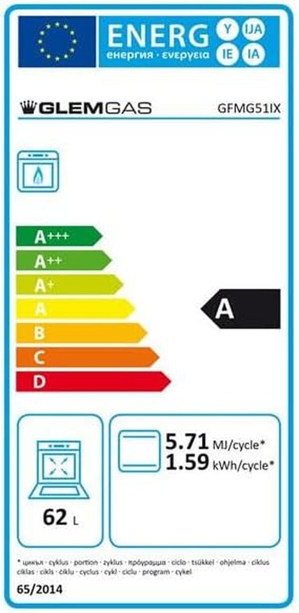 Four encastrable émail lisse Glem GFMG51IX - Four traditionnel Convection naturelle / 62 litres / Classe A / Inox / Tournebroche / Porte classique (2 vitres) / Four gaz [Classe énergétique A]