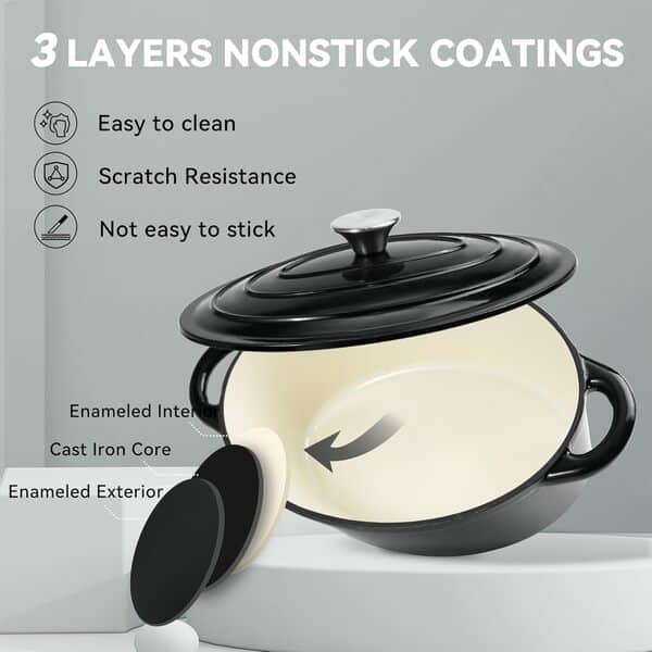 Kerilyn Cocotte ovale en fonte émaillée de 4,5 l avec couvercle et deux poignées, cocotte en fonte pour la cuisine, la cuisson du pain, batterie de cuisine avec revêtement émaillé anti-adhésif (noir)