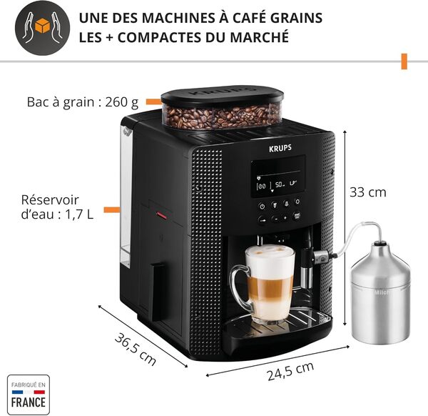 Krups Machine à café grain, machine expresso, 2 tasses en simultané, Ecran LCD, Nettoyage automatique, Buse vapeur, Pot à lait inox inclus pour Cappuccino, Cafetière espresso Essential EA816031