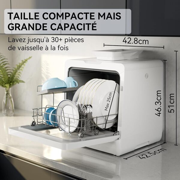 Hermitlux Mini lave-vaisselle de table 7+3 programmes de lavage, 5 couverts, réservoir d'eau intégré de 5L, fonction étoile retardée et sécurité enfant [Classe énergétique D]