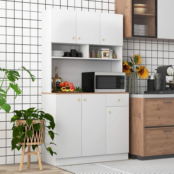 COSTWAY Buffet de Cuisine, Armoire Cuisine avec Prises, 4 Placards, Grand Tiroir, Station de Recharge, Vaisselier, Meuble Cuisine Rangement pour Salon, Salle à Manger, 100x40x181CM (Blanc)