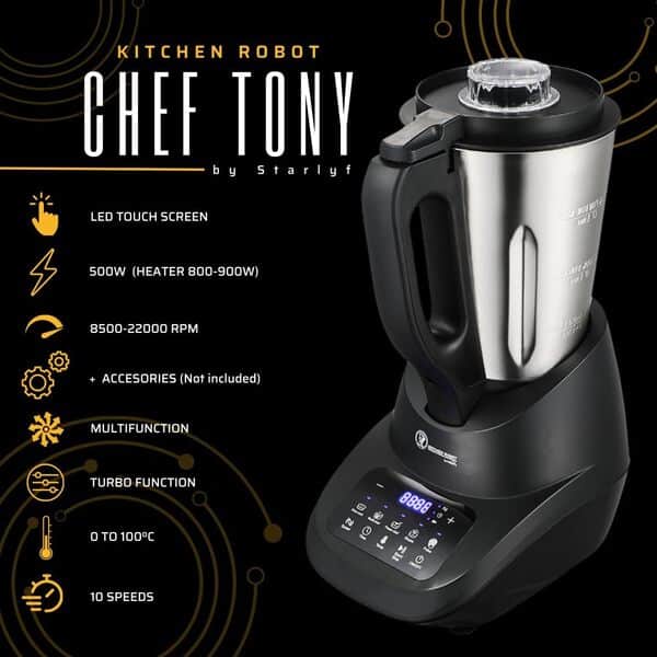 STARLYF Chef Tony Kitchen Robot de cuisine, 500 W, 10 vitesses, multifonction, hache, mélange, broyage, bout, cuisine, température de 0 à 100% (1 robot de cuisine)