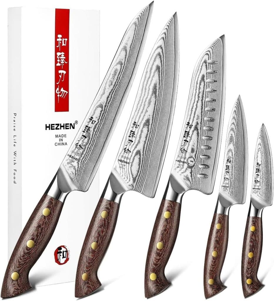 Test : hezhen Set de couteaux de chef en acier damas 5 pièces