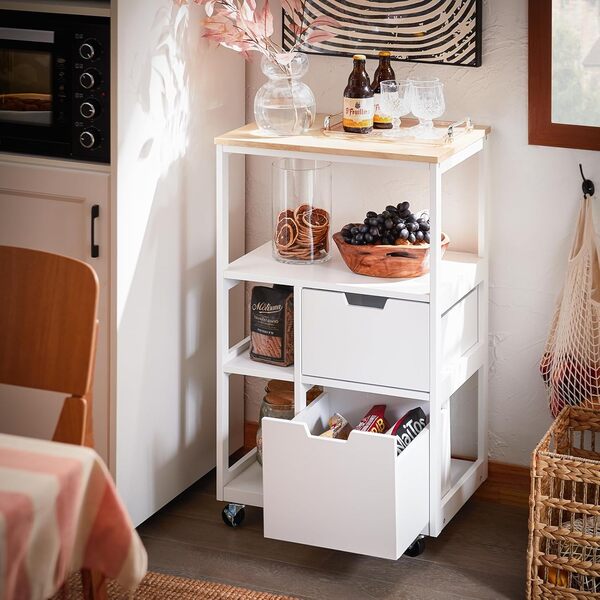SoBuy Desserte de Cuisine à roulettes îlot de Cuisine Chariot de Service Buffet Multifonctionnel Placard Armoire Cuisine avec 2 Tiroirs et 3 Etagères, Support à Épices, 53 x 37 x 89,5 cm, FKW111-WN
