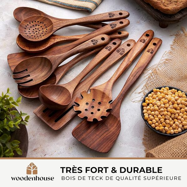 Ustensiles de Cuisine Bois - Set de Cuisine Premium 10 Pièces - Ensemble d'Ustensiles en Bois de Teck Facile à Nettoyer - Matériau Léger, Résistant à la Chaleur, Durable & Anti-Rayures