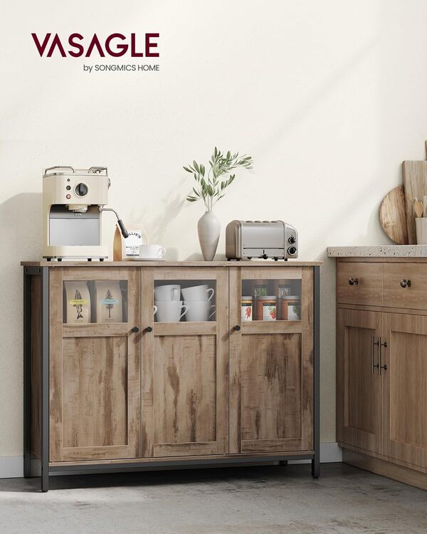 VASAGLE Meuble de Rangement, Buffet, avec Placard 3 Portes, pour Salle à Manger, Salon, Cuisine, Entrée, Cadre en Acier, Style Industriel, Marron Camel et Noir d'encre LSC099K02