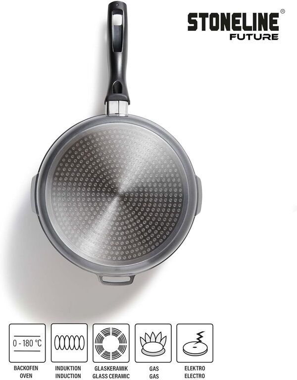 STONELINE Future Batterie de Cuisine 8 pcs – Set de Casseroles, Poêles avec Becs Verseurs et Couvercles Passoires, Revêtement Antiadhésif en Pierre, Compatible Induction