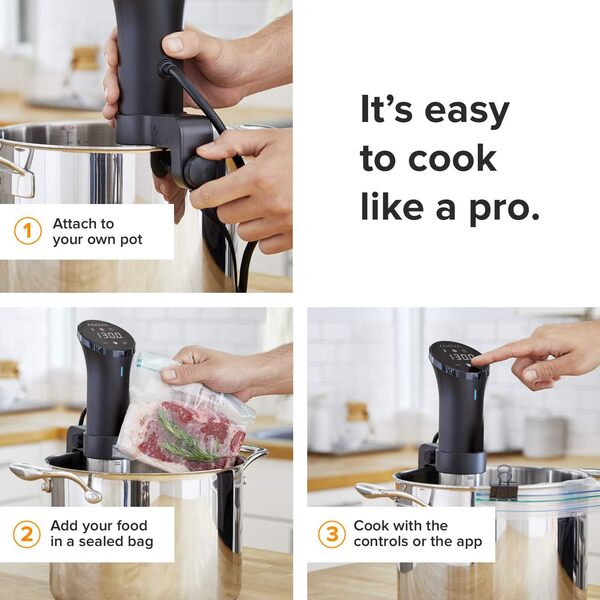 Anova Cuiseur de précision 2.0 AN500-EU00, Precision Cooker, Sous Vide, WiFi, 100 Watt, incl. prise type C pour utilisation EU, Bluetooth, incl. app Anova, noir et argenté