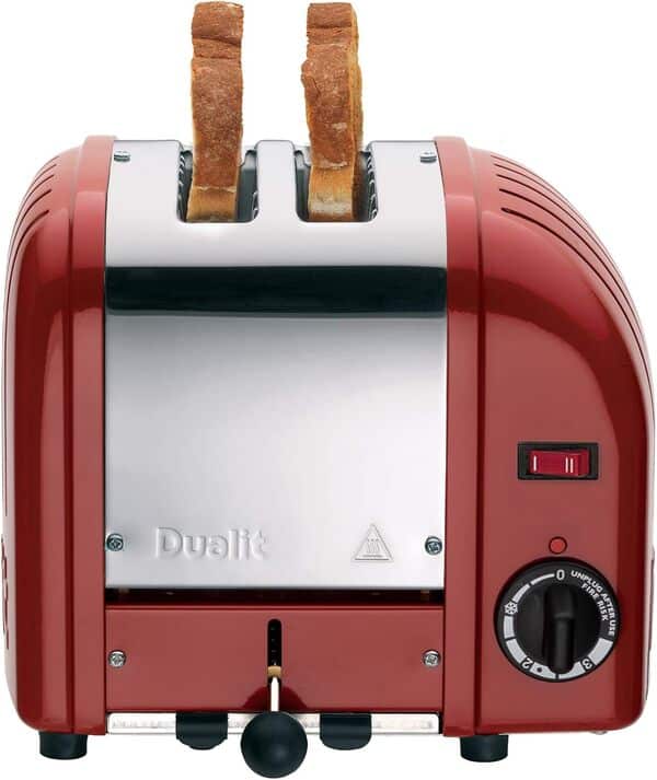 Dualit Grille Pain 2 Fentes Classic Vario - Toaster Grille Pain Inox Fabriqué au Royaume-Uni - Éléments ProHeat® Exclusifs - Fentes Individuelles, Décongélation, Minuterie Mécanique - Rouge