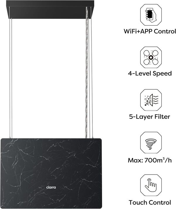 Ciarra - Hotte Aspirante Ilôt - Classe A+++ - 3 Vitesses et Fonction Boost - 700 m³/h - 48 cm - Commande Tactile & Wifi - Recyclage - Éclairage LED - Motif Marbre - Verre Dépoli - Noir - CBCG4850 [Classe énergétique A+++]