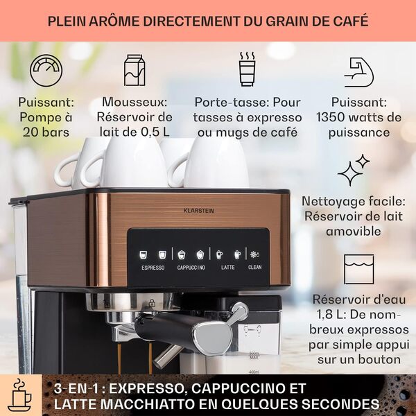 KLARSTEIN Petite Cafetière Electrique avec Mousseur de Lait, Cafetières, Machines à Café Expresso 20 Bar, en Acier Inoxydable 1350W pour Café Moulu, Qualite Barista