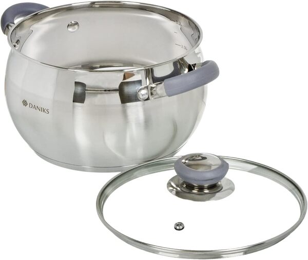 Daniks Modern Batterie de Cuisine INOX avec Couvercles en Verre, 6 Pièces, Casseroles 16/18/20 cm, Tous Feux Dont Induction, Échelle de Mesure, Poignées en Silicone, Argent