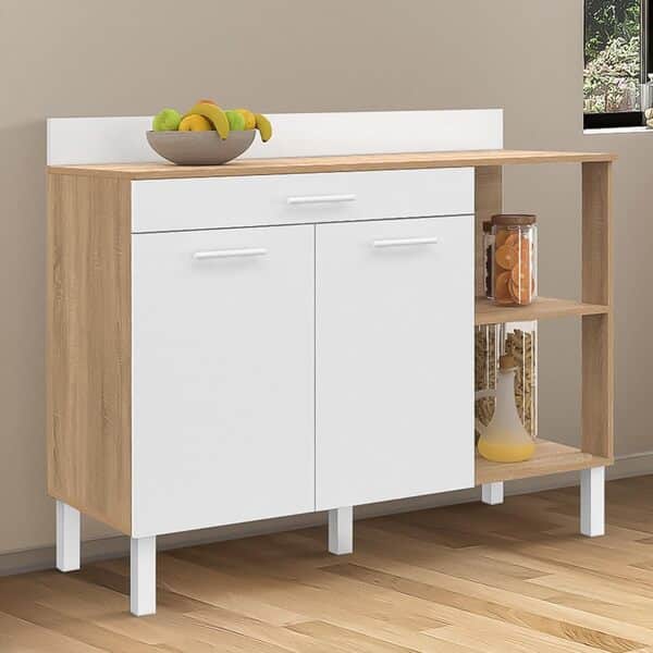 IDMarket - Buffet bas de cuisine 120 cm CINA plan de travail H.83 cm 2 portes + tiroir façon hêtre et blanc
