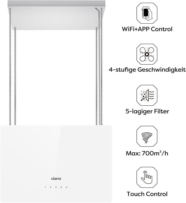 CIARRA Hotte Aspirante d'ilot Classe A+++ 48 cm 700 m³/h - Hotte Suspendue Commande Tactile et WIFI - 4 Vitesses et Fonction Boost - LED Dimmable - Filtre à Charbon Inclus - Hotte Blanche - CBCS4850 [Classe énergétique A+++]
