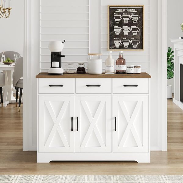 HOCSOK Buffet Cuisine, Buffet Salle a Manger 3 Tiroirs et 3 Portes, Buffet Blanc pour Salon Entrée, Étagère Réglable, Blanc + Antique