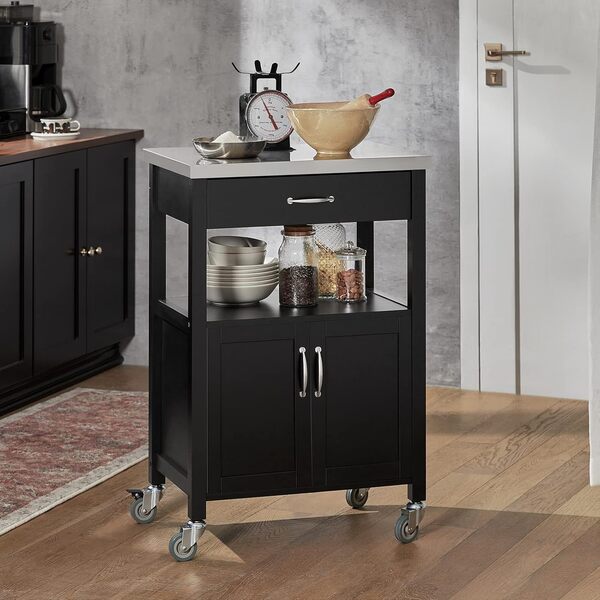 SoBuy Meuble de Cuisine à roulettes avec Plan de Travail Desserte Cuisine compacte pour Rangement Cuisine, extérieur ou Chambre Chariot de Service Multifonction Noir 60x92x45cm FKW22-SCH