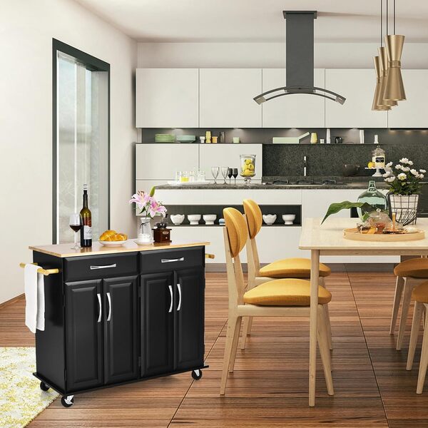 COSTWAY Desserte de Cuisine sur roulettes avec Comptoir en Bois D'hévéa, Chariot de Service à 4 Portes avec Étagères Réglables, 2 Grands Tiroirs, Porte-Serviettes, 48 x 122 x 93 cm (L | Noir)