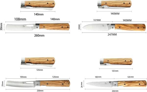 SENBON 440A Ensemble de 4 pièces en acier inoxydable Couteau de chef pliable tranchant Couteau à pain éplucheur universel Couteau de cuisine portable avec manche en olive naturelle