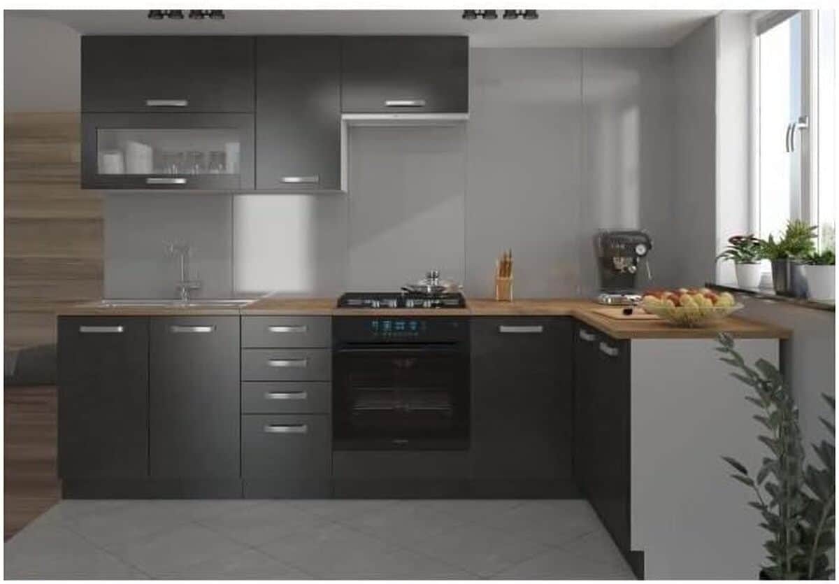 Test de la cuisine complète d'angle LASSEN 240x165 cm - gris Matera