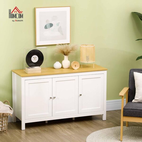 HOMCOM Buffet Meuble de Rangement avec 3 Portes 2 étagères réglables Plateau Aspect Bois Clair - 120 x 40 x 70 cm Blanc