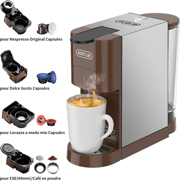 KOTLIE AC-513HF Machine à café multifonctionnelle 5-en-1 pour NES/pour DG/Café en poudre/ESE Pads (44 mm)/pour a modo mio, convient aux bonnets hauts (Marron)