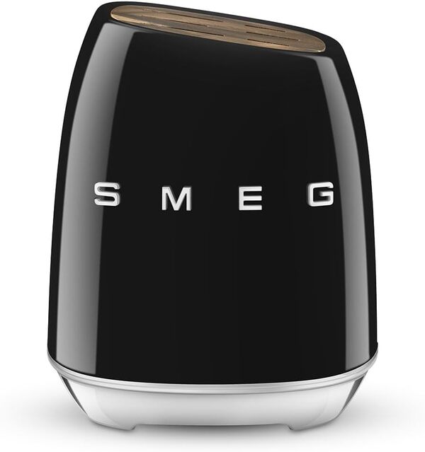 Smeg, Bloc de Couteaux, KBSF02BL, 6 Couteaux Inclus en Acier Inoxydable, Corps de Bloc en Acier Inoxydable et Fente pour Couteau en Bois d’Acacia, Noir