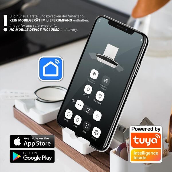 Hotte aspirante cuisine 90 cm | Hotte Îlot | acier inoxydable | verre noir | WiFi | arrête automatiquement | Opération tactile | SINUS-INSEL-HC [Classe énergétique A+]