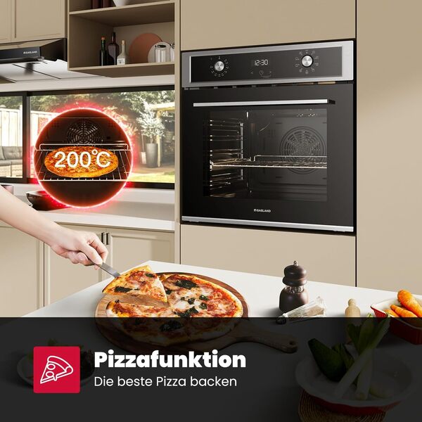 GASLAND ES609321DSH Four à encastrer, 70L, autarcique, four électrique avec 9 fonctions four, triple vitrage, tiroir télescopique et sélecteur rotatif escamotable, air chaud, inox, sécurité enfant [Classe énergétique A]