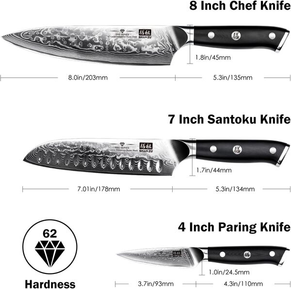 SHAN ZU 3 Pièces Set de Couteaux de Cuisine Damas, Ensemble de Couteau Japonais Acier Japonais 67 Couches Super Tranchant, Couteau de Chef, Couteau Santoku- PRO Series