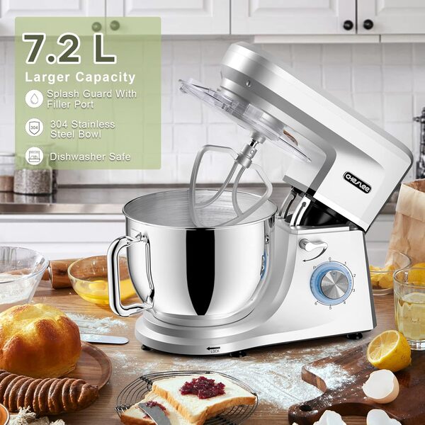 CHeflee Robot Pâtissier 1800W Robot Pétrin Professionnel 7.2 L Faible Bruit Robot de Cuisine Multifonction avec Fouet Batteur Crochet Bol d'Acier Inoxydable,6 Vitesses