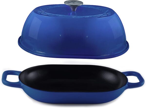 Krustic Cocotte en fonte émaillée pour la cuisson professionnelle du pain au levain | Casserole ovale de 5,5 litres avec couvercle | Poêle à revêtement émaillé triple couche avec tapis en silicone